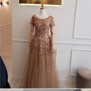 Elegant Sequin Embellished Tan Prom Dress